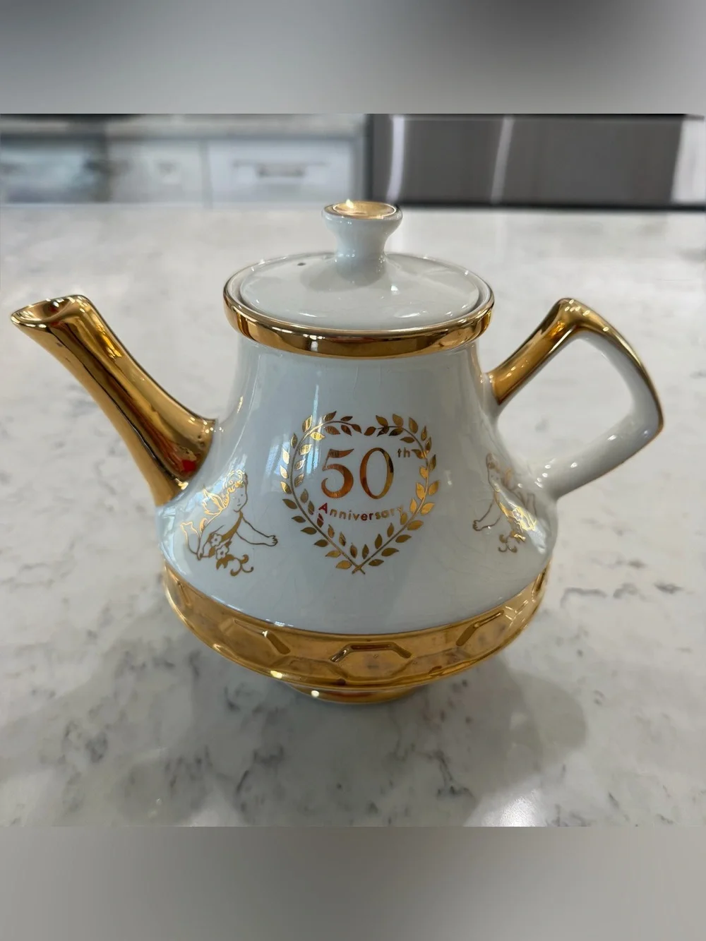 Gibsons Staffordshire England 50th Anniversary White Teapot with 22k Gold Trim